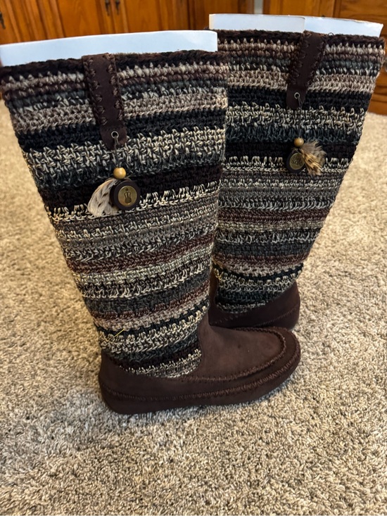 The Sak Shoes - The Sak Women's Crochet Knit Tall Boots Size 6.5 Brown Suede Boho Feather Charm